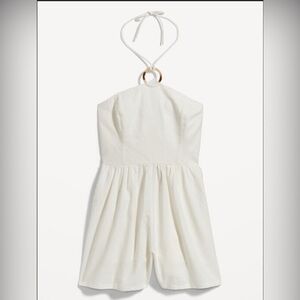 Linen-Blend O-Ring Halter Romper -- 3-inch inseam